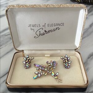 Signed SHERMAN Brooch & Earrings Set in Original Case; Aurora Borealis; Vintage